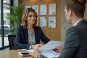 Femme en blazer marine consultant un expert immobilier dans une agence moderne, révisant des documents de propriété ensemble