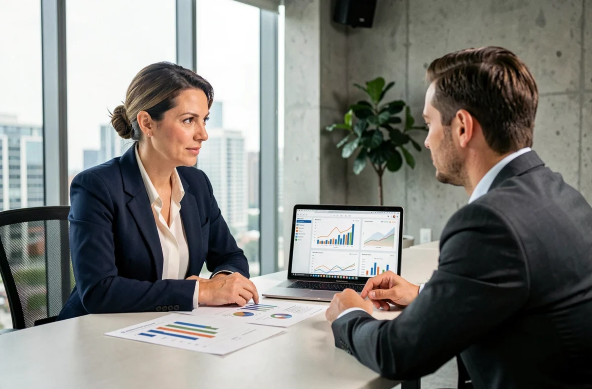 Cheffe d'entreprise en réunion stratégique avec un consultant professionnel dans un bureau moderne, discutant de graphiques de croissance et d'abonnements adaptés