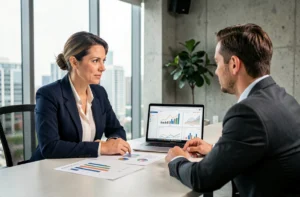Cheffe d'entreprise en réunion stratégique avec un consultant professionnel dans un bureau moderne, discutant de graphiques de croissance et d'abonnements adaptés