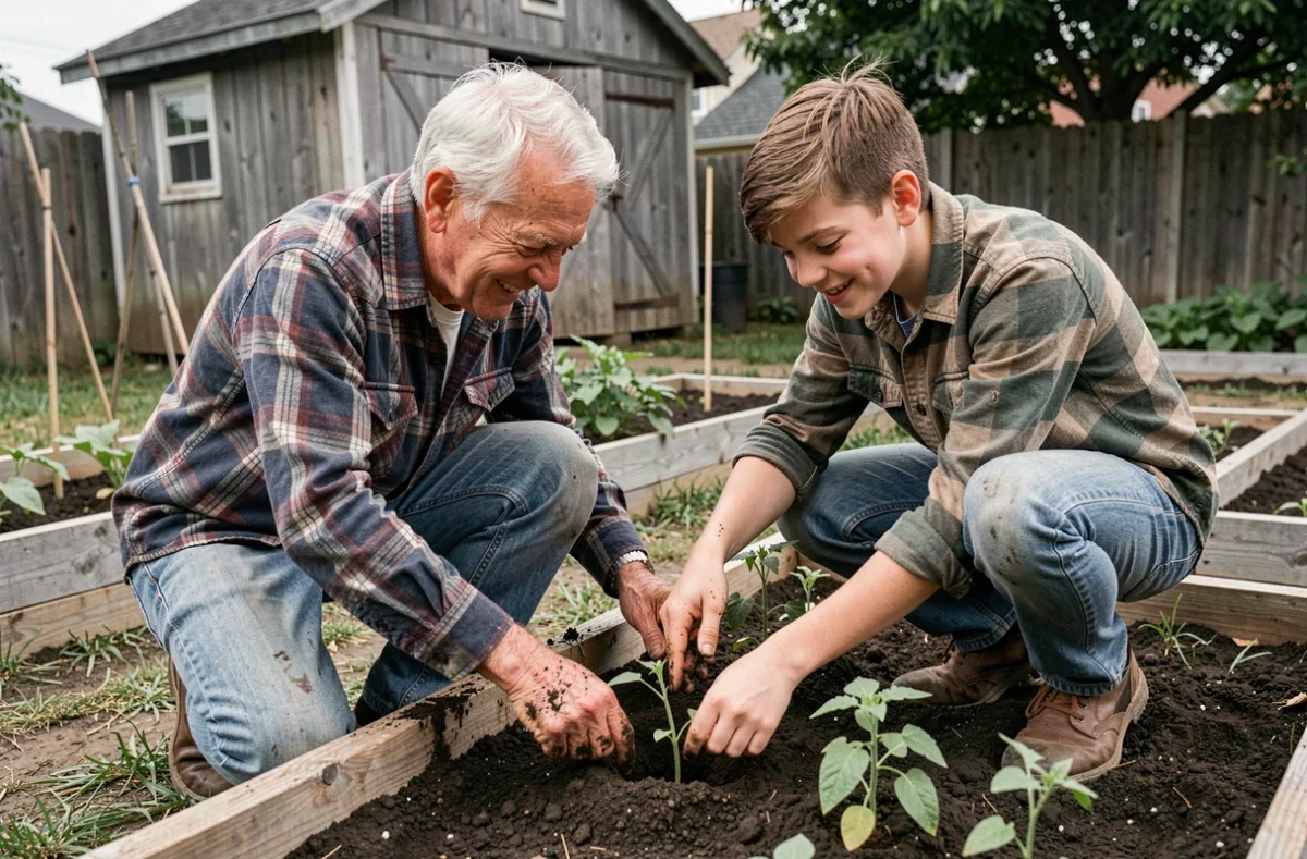 Grand-père et adolescent jardinent ensemble dans un jardin potager, activité de loisirs intergénérationnelle