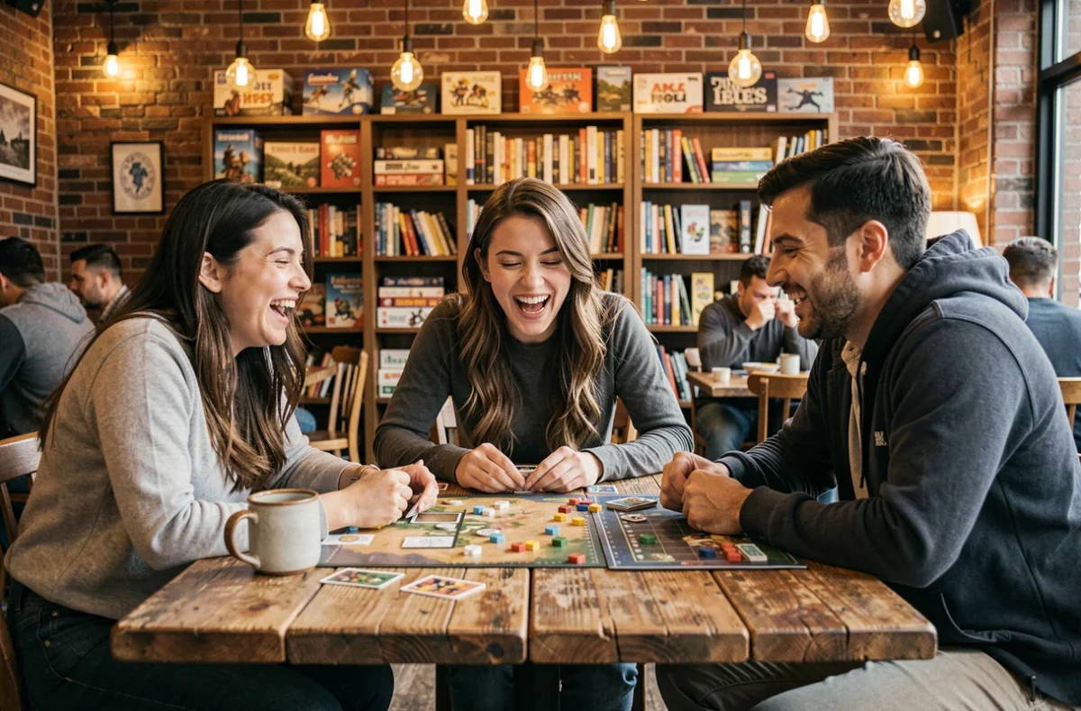 Groupe d'amis jouant à des jeux de société dans un café ludique, idée d'activité de loisirs conviviale