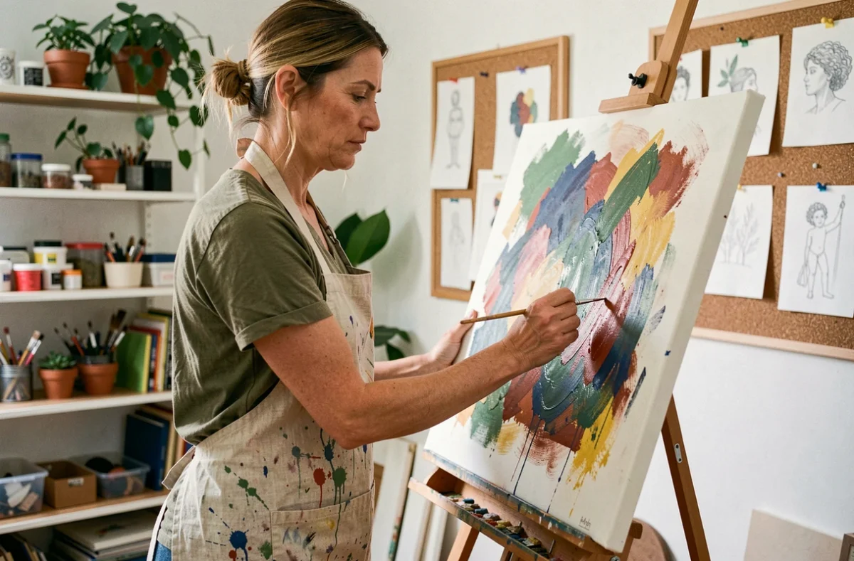 Femme adulte pratiquant la peinture en atelier comme activité de loisirs créatifs