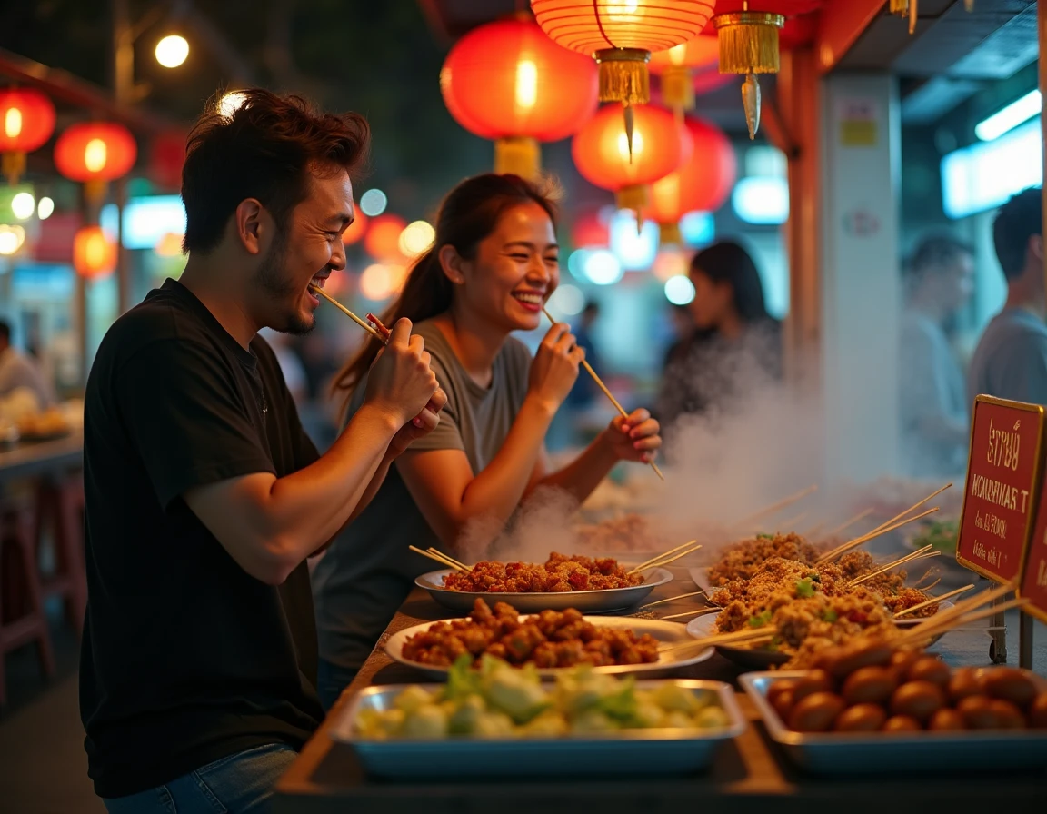 Deux amis dégustant des brochettes de street food dans un marché nocturne animé de Bangkok avec lanternes et stands colorés