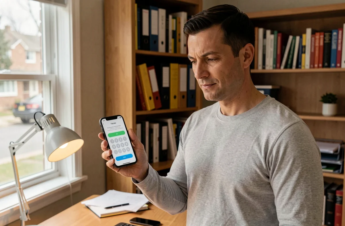 Homme vérifiant un code d'authentification à deux facteurs sur son téléphone pour accéder à un extranet sécurisé