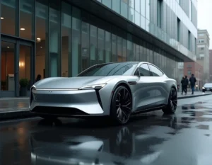 Berline électrique 2024 garée dans une rue urbaine sous la pluie, reflets de la ville sur la carrosserie argentée