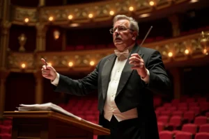Chef d'orchestre sur la scène d'un opéra baroque inspiré des œuvres de Verdi