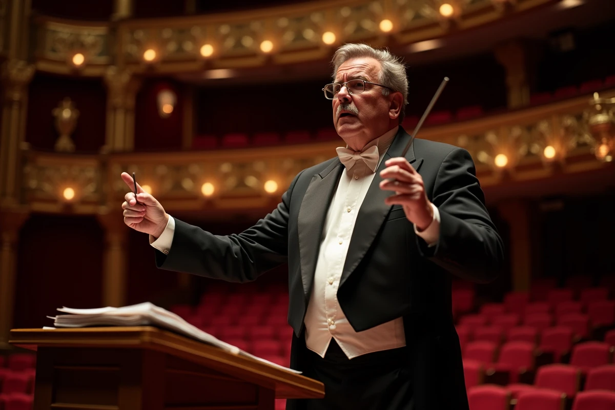 Chef d'orchestre sur la scène d'un opéra baroque inspiré des œuvres de Verdi