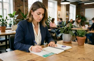 Femme professionnelle évaluant des brochures de formation dans un espace de coworking moderne