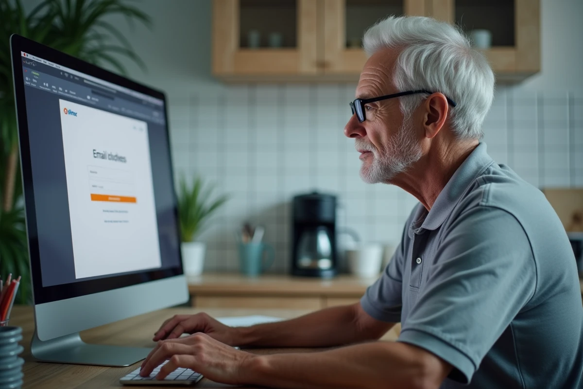 Homme senior connecté à sa messagerie Wanadoo sur un ordinateur de bureau dans une cuisine moderne