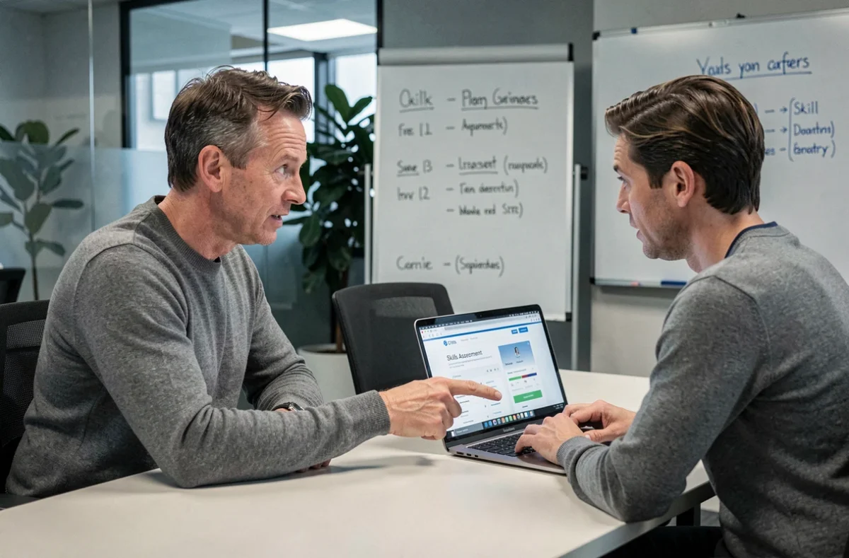 Homme en rendez-vous de conseil en orientation professionnelle pour choisir une formation adaptée
