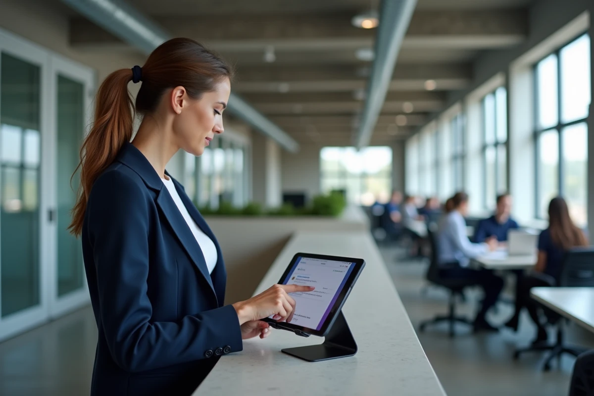 Femme professionnelle consultant sa boite mail Wanadoo sur une tablette dans un espace de coworking