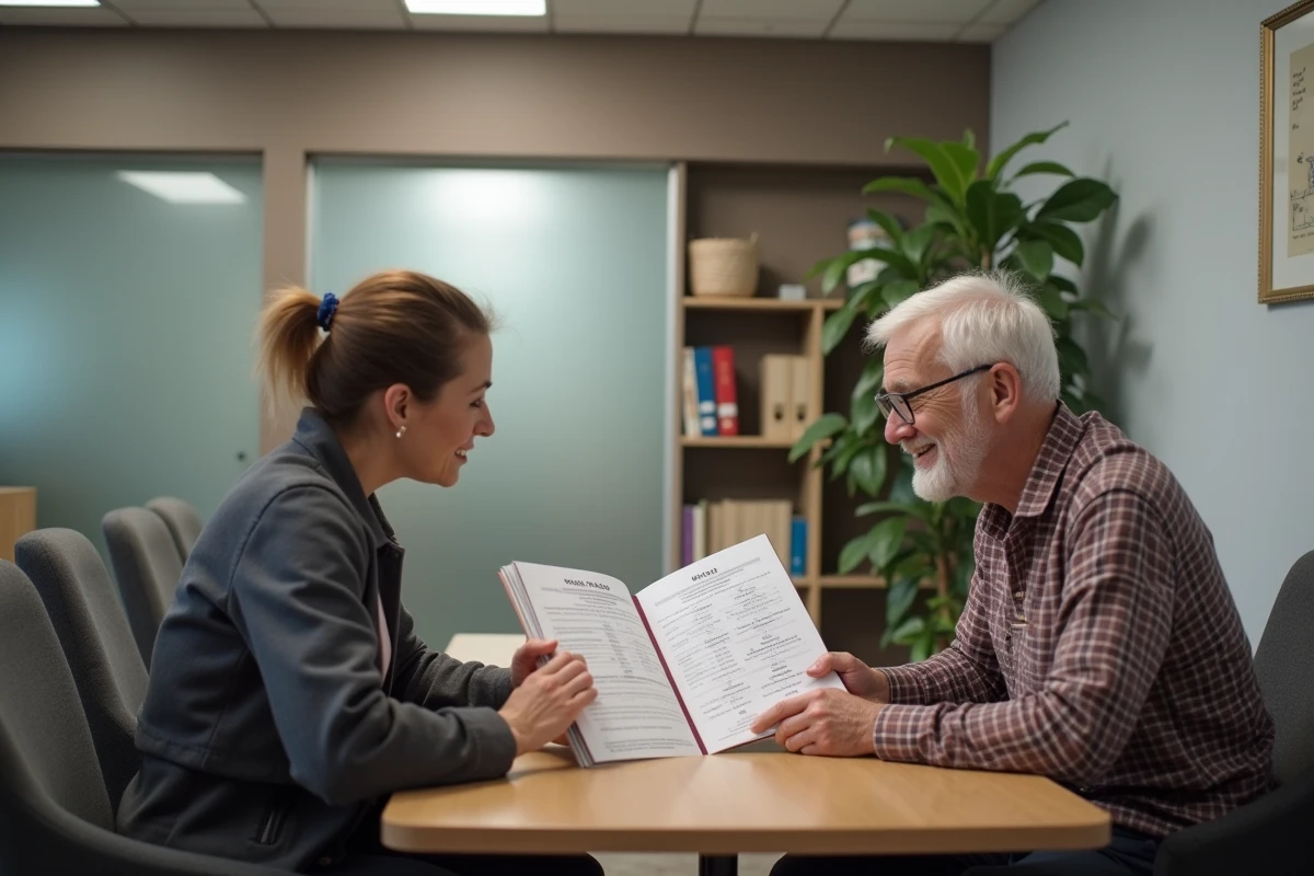 Famille et conseiller Domitys examinant les tarifs et formules de repas d'une résidence senior