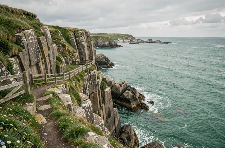 Falaises de granit et mer turquoise de la Côte d'Émeraude en Bretagne sous un ciel nuageux