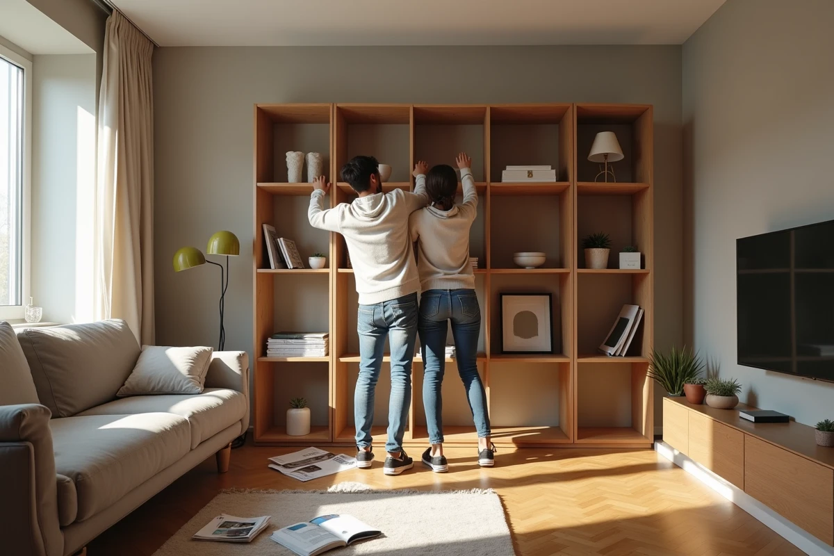 Jeune couple assemblant une étagère dans un appartement lumineux