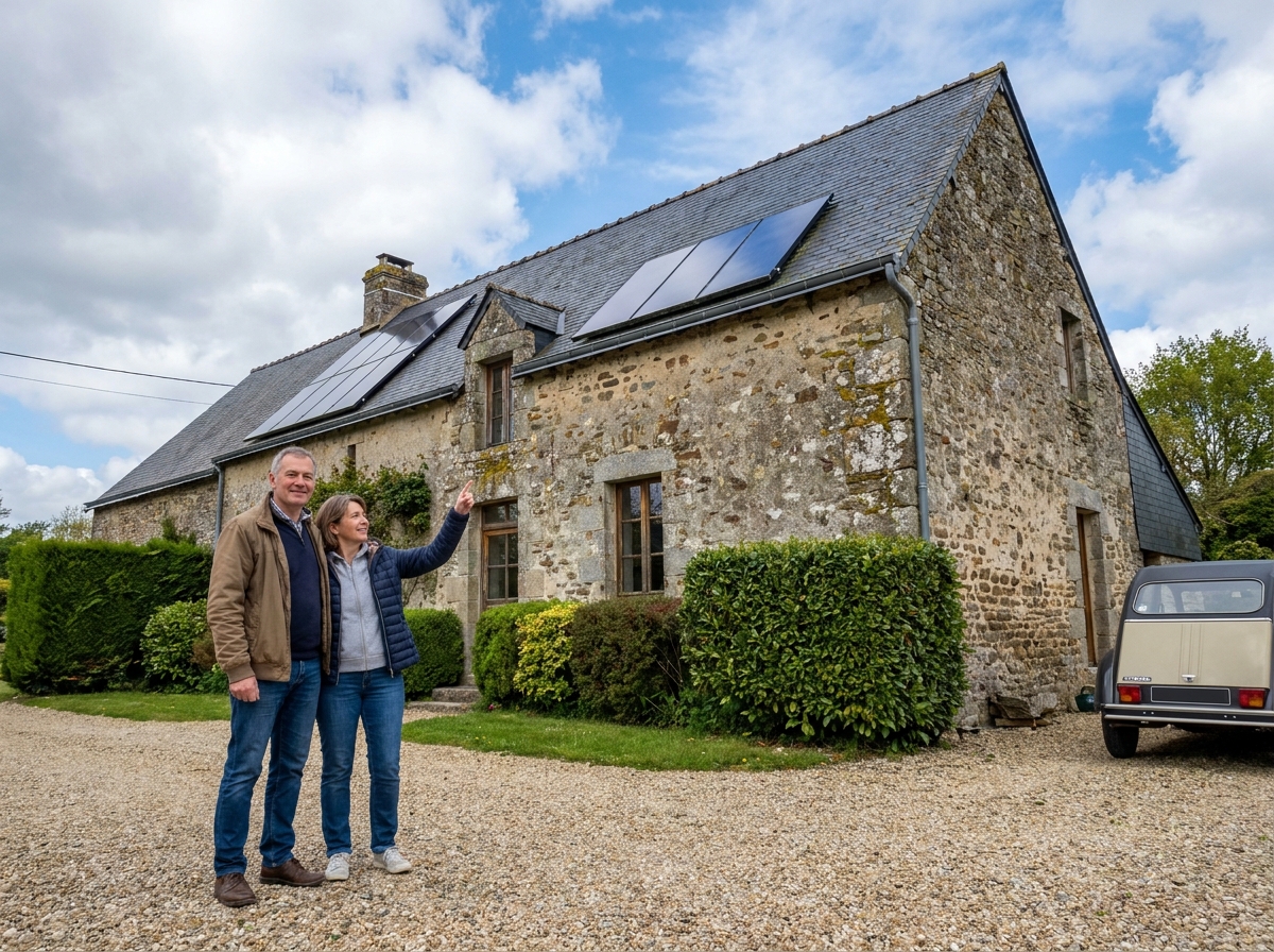 Couple de propriétaires devant leur maison en pierre avec panneaux solaires installés grâce à la prime rénovation
