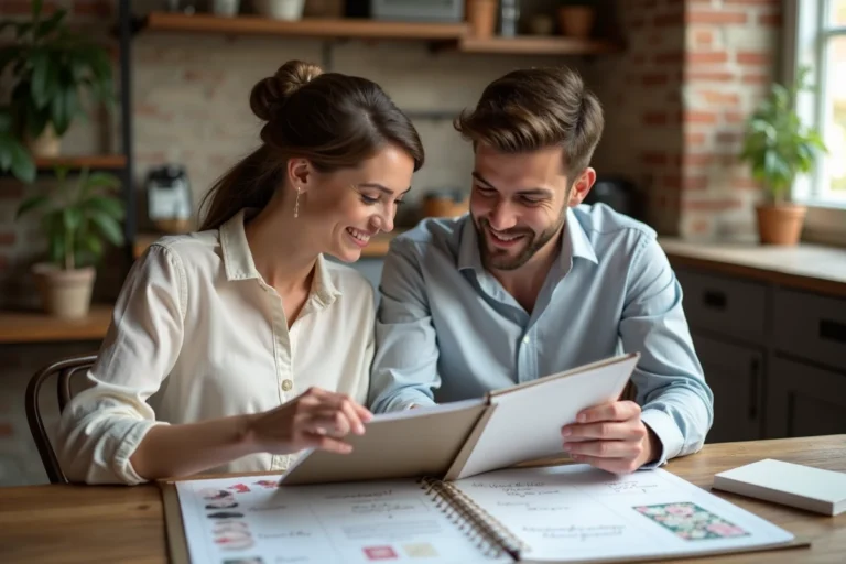 Couple de futurs mariés consultant un classeur de planification de mariage avec des échantillons de tissu et de fleurs sur une table en bois rustique