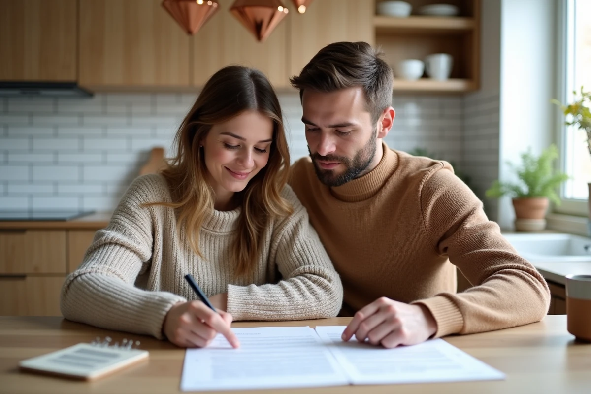 Couple examinant un contrat immobilier à une table de cuisine moderne, prenant des notes lors de démarches d'achat immobilier