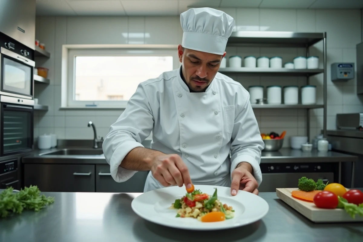 Chef cuisinier préparant un repas en cuisine dans une résidence senior de type Domitys