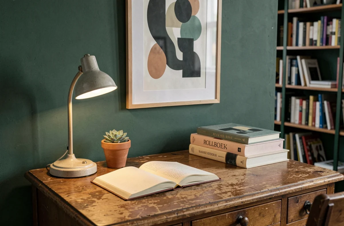 Coin bureau à domicile avec bureau en bois vintage, plante succulente et mur vert forêt avec cadre décoratif
