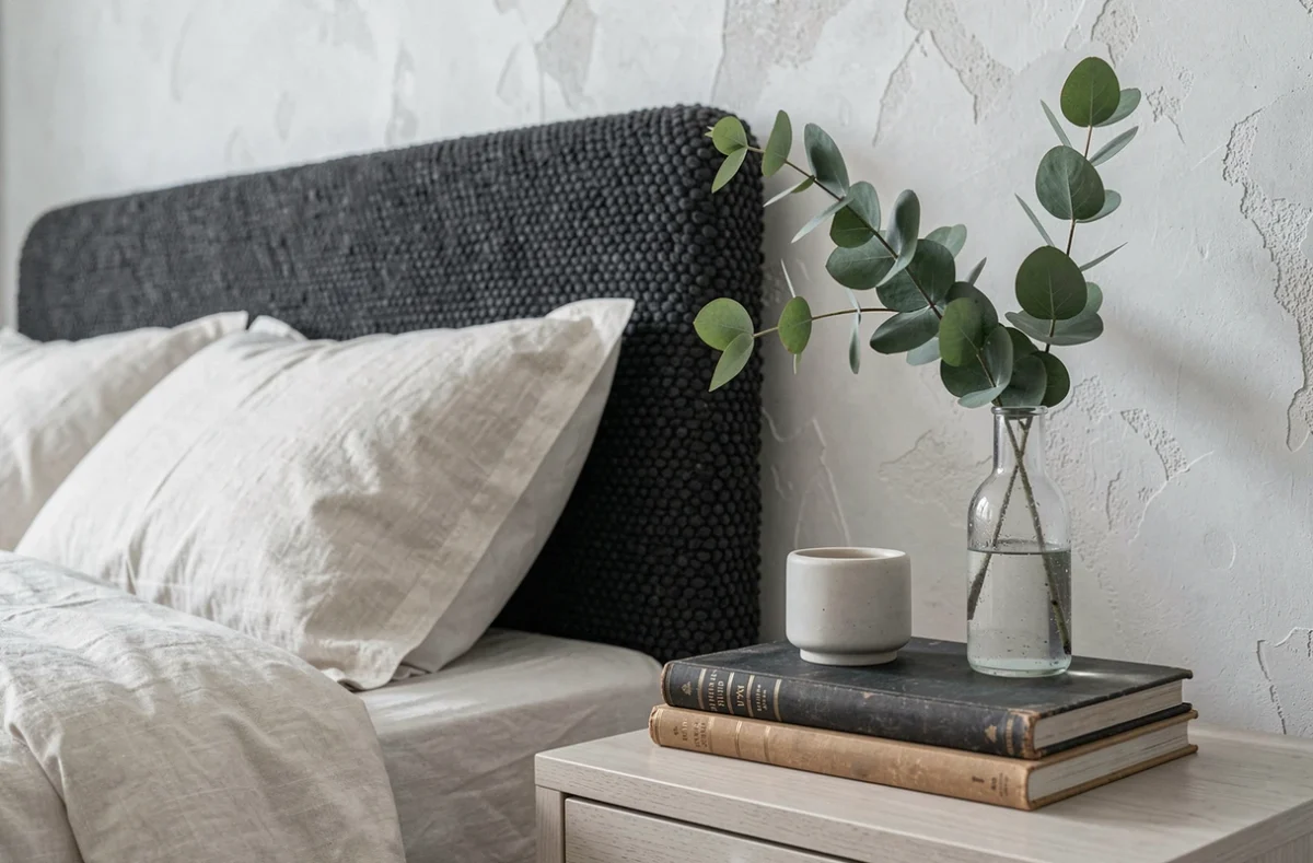 Chambre moderne avec tête de lit en bouclé, linge de lit ivoire et décoration de table de nuit minimaliste