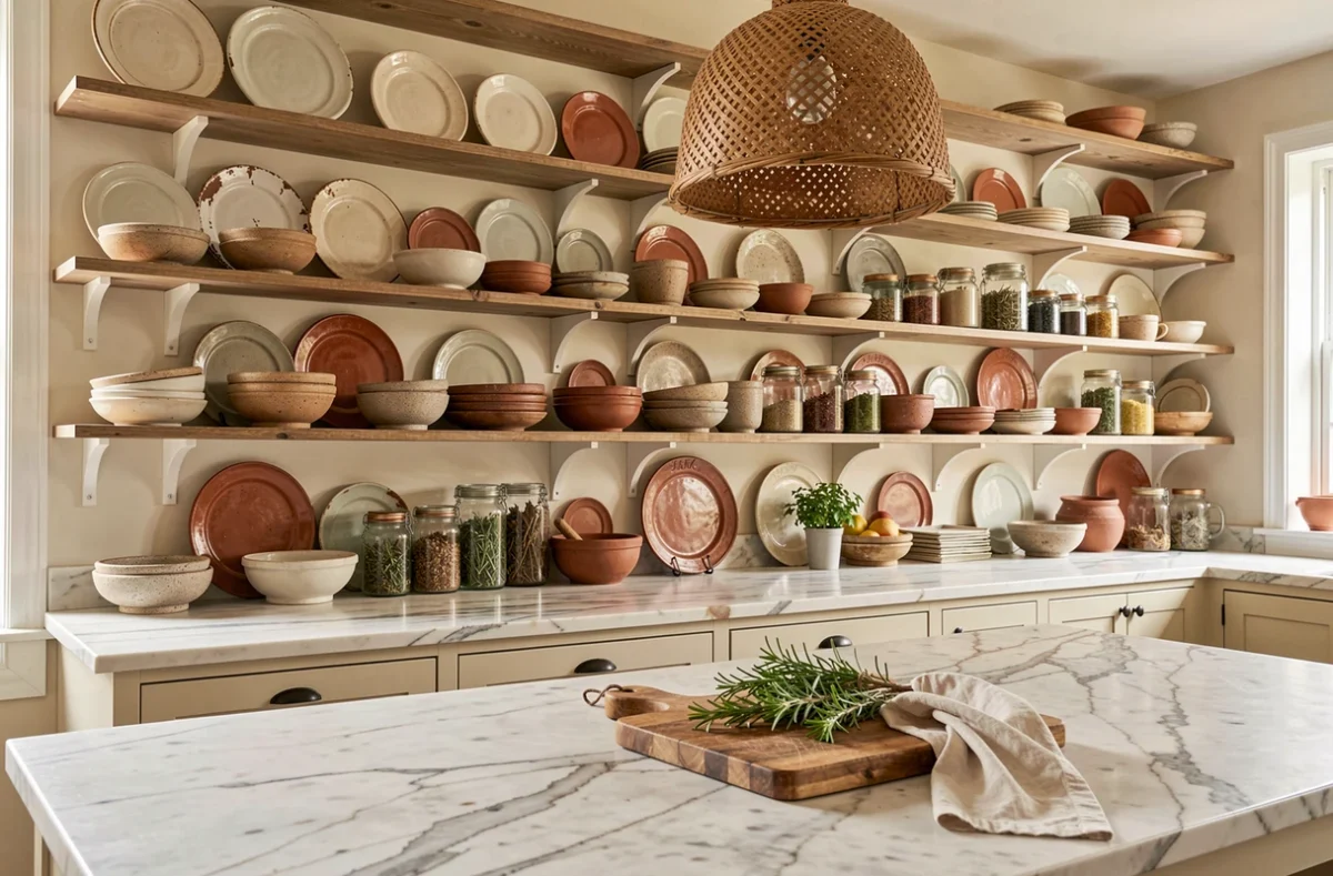 Cuisine de style campagne française avec étagères ouvertes, céramiques vintage et plan de travail en marbre de Carrare