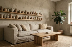 Salon de style scandinave avec canapé en lin, table basse en chêne et étagères décoratives en bois naturel