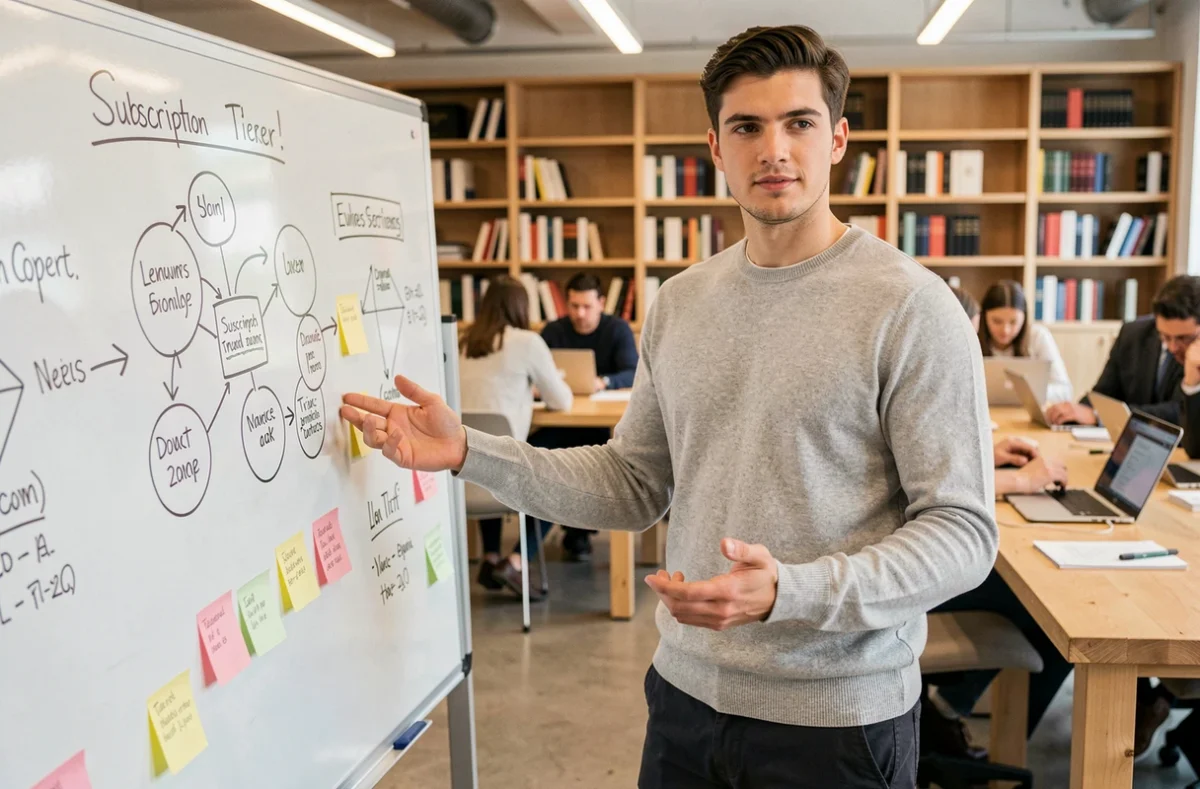 Jeune entrepreneur présentant une stratégie de croissance et des abonnements adaptés sur un tableau blanc dans un espace de coworking professionnel