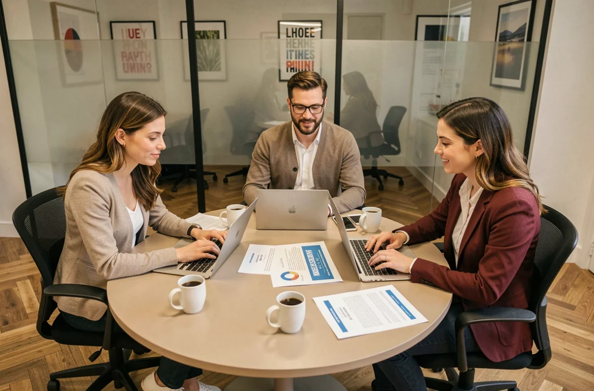 Équipe de professionnels en réunion collaborative autour d'un plan d'accompagnement et d'abonnements pour booster la croissance de leur entreprise
