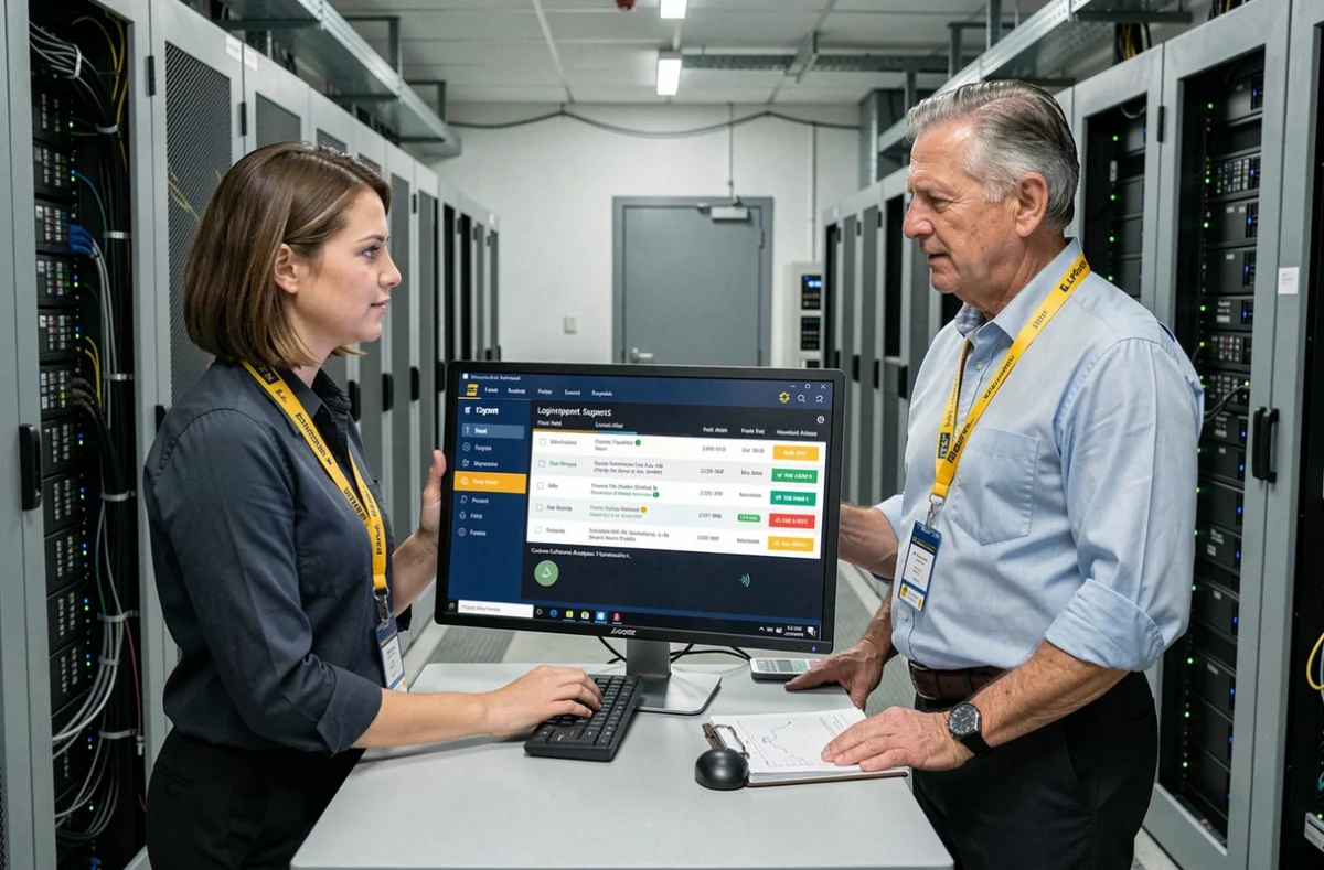 Équipe informatique analysant des alertes de fraude sur un tableau de bord de sécurité dans un datacenter La Poste