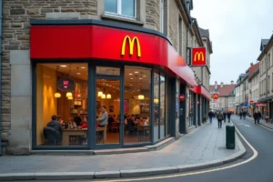 Façade extérieure du McDonald's de Villefranche-sur-Saône alliant architecture moderne et patrimoine local beaujolais