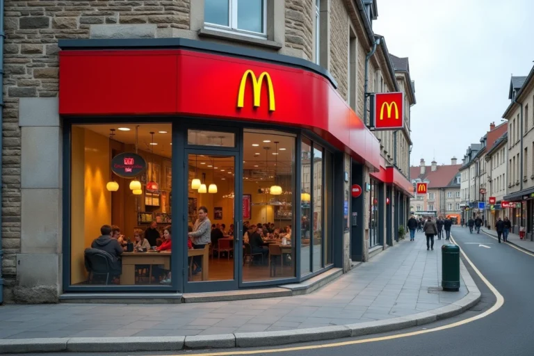 Façade extérieure du McDonald's de Villefranche-sur-Saône alliant architecture moderne et patrimoine local beaujolais