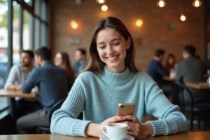 Jeune femme souriante utilisant une application de rencontres et de discussion sur son smartphone dans un café