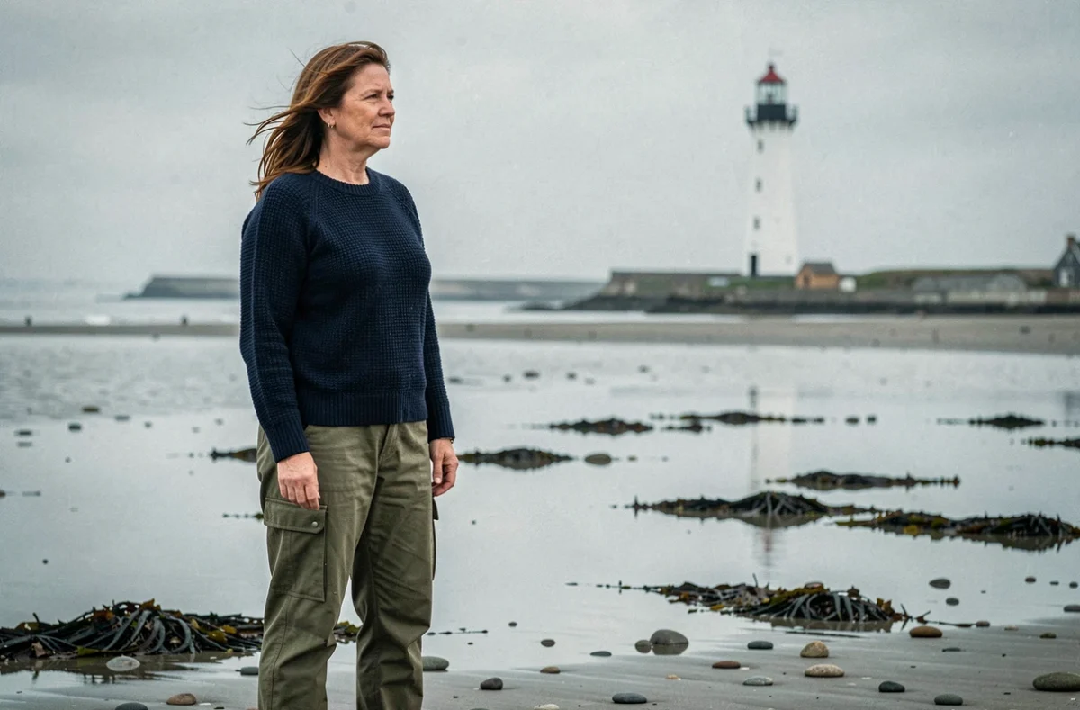Femme bretonne en pull marin contemplant un phare depuis une plage de sable à marée basse près de Dinard