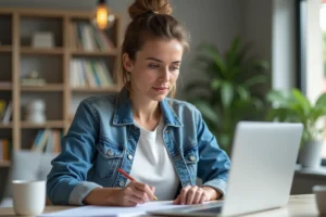 Femme en bureau à domicile concentrée sur son ordinateur