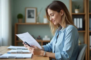 Femme d'âge moyen travaillant sur un ordinateur dans un bureau moderne