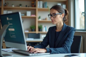 Femme professionnelle au bureau avec ordinateur et portail gouvernement