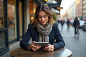 Femme élégante au café en ville avec tablette