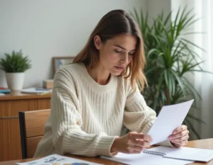 Femme comparant les tarifs et prix d'un programme Naturhouse à son bureau à domicile