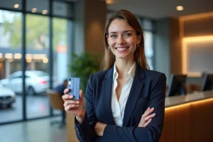 Femme souriante tenant une carte bancaire devant une banque moderne