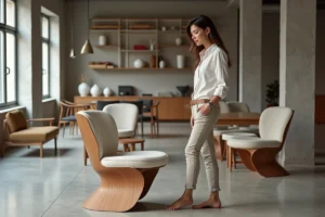 Femme élégante examinant une chaise en bois dans un showroom moderne