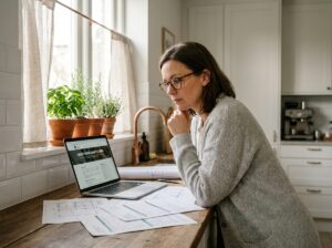 Femme consultant des documents de prime rénovation énergétique sur une table en bois dans une cuisine moderne