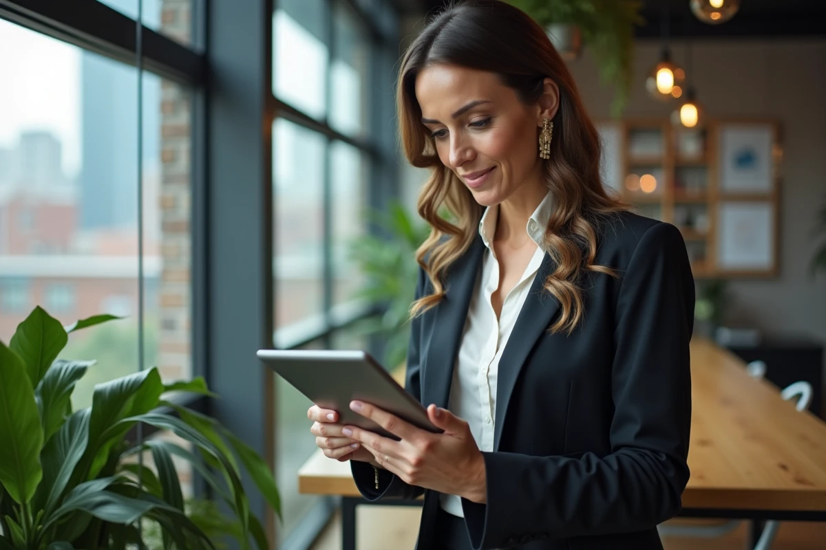 Femme entrepreneure regardant des graphiques sur une tablette dans un espace de coworking