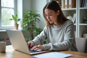 Femme organisant ses notes et listes de tâches sur ordinateur portable dans un bureau à domicile moderne