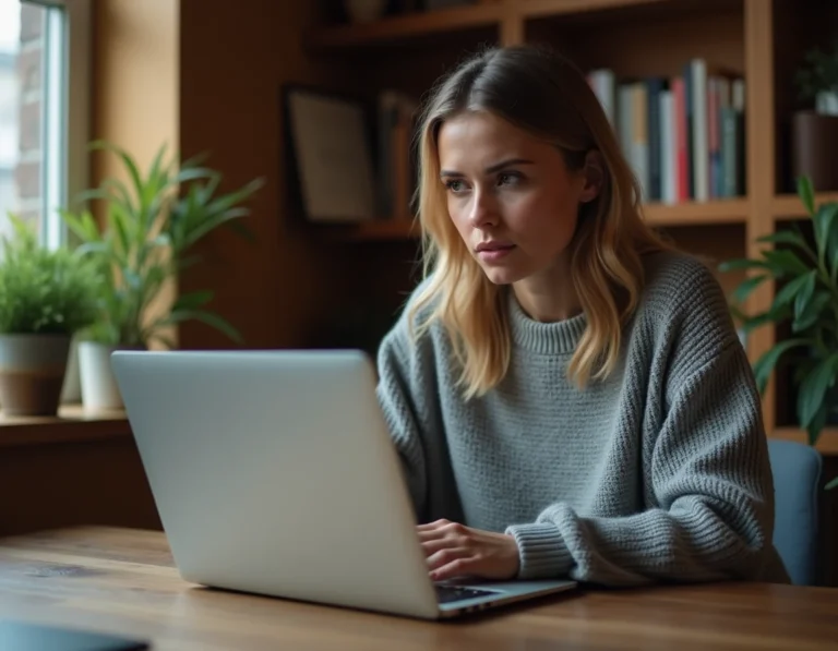 Femme consultant des conseils de sécurité sur un site de streaming depuis son bureau à domicile