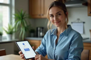 Femme avec tablette dans une cuisine lumineuse