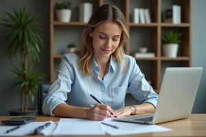 Femme en bureau moderne travaillant sur des documents financiers