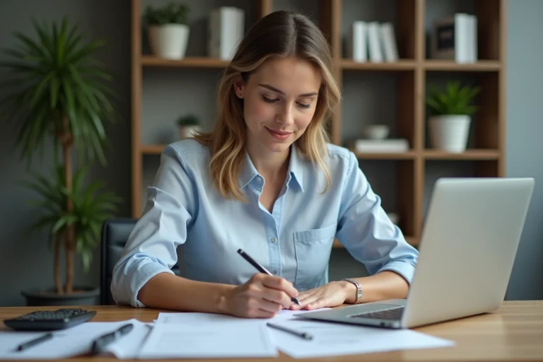 Femme en bureau moderne travaillant sur des documents financiers