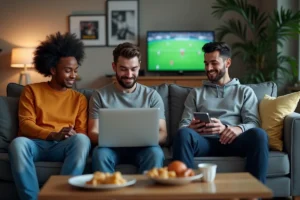 Trois jeunes adultes regardent un match de football sur un ordinateur dans un salon