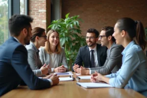 Groupe de jeunes professionnels en réunion dans un bureau moderne