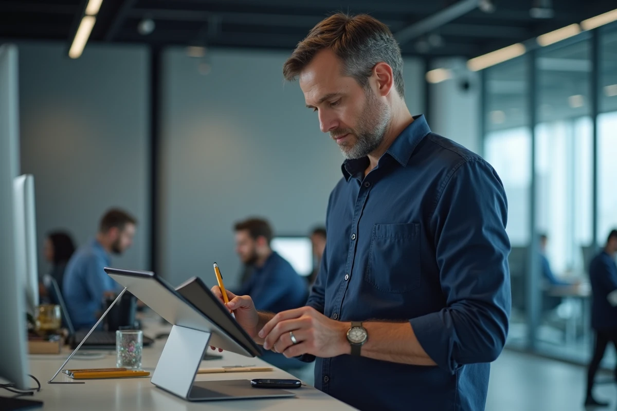 Homme professionnel consultant une application de gestion de listes sur tablette dans un bureau en open space
